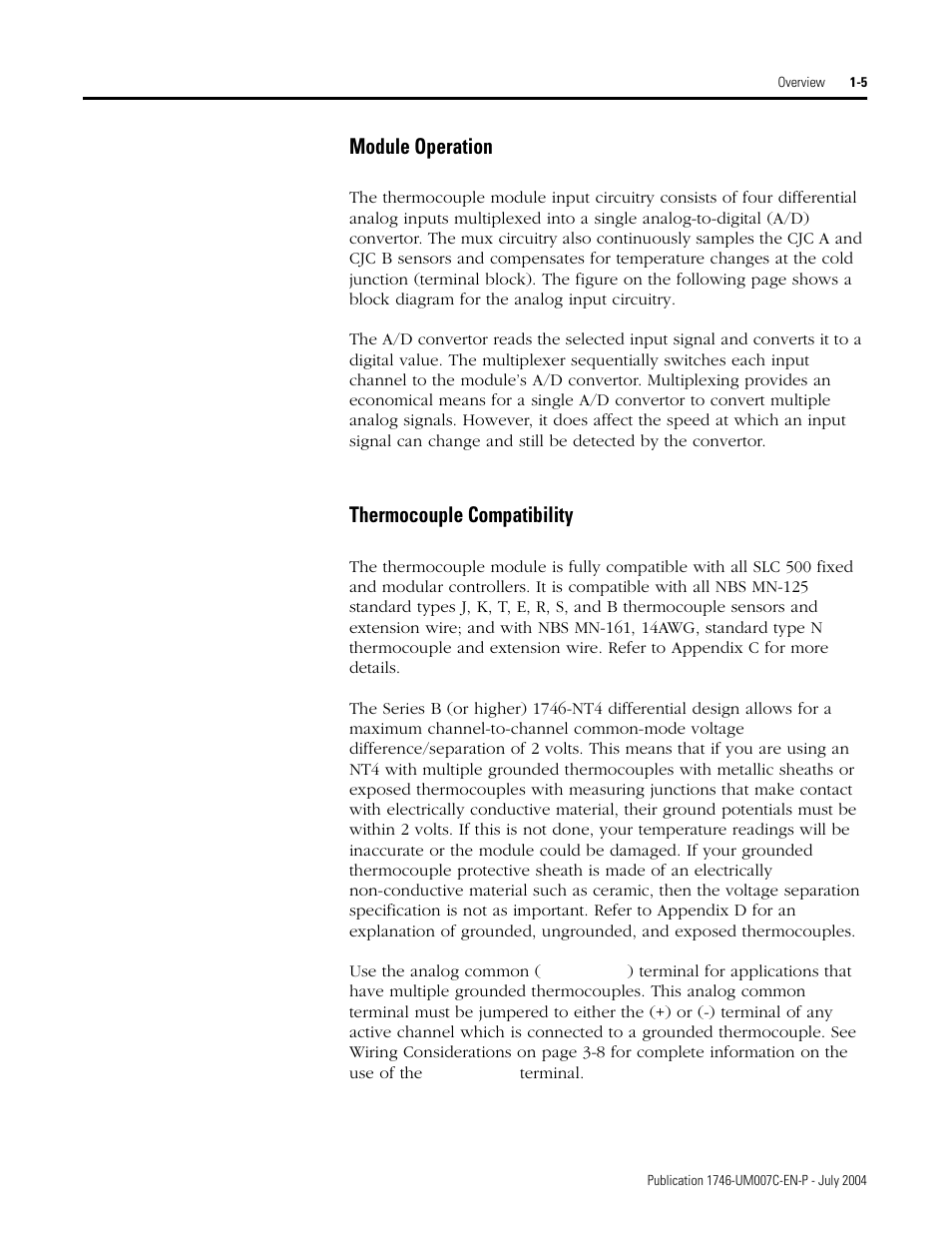 Module operation -5 thermocouple compatibility -5, Module operation, Thermocouple compatibility | Rockwell Automation 1746-NT4 Series B,D17466.6.1 SLC 500 4-Channel Thermocouple/mV Input Module User Manual User Manual | Page 17 / 131