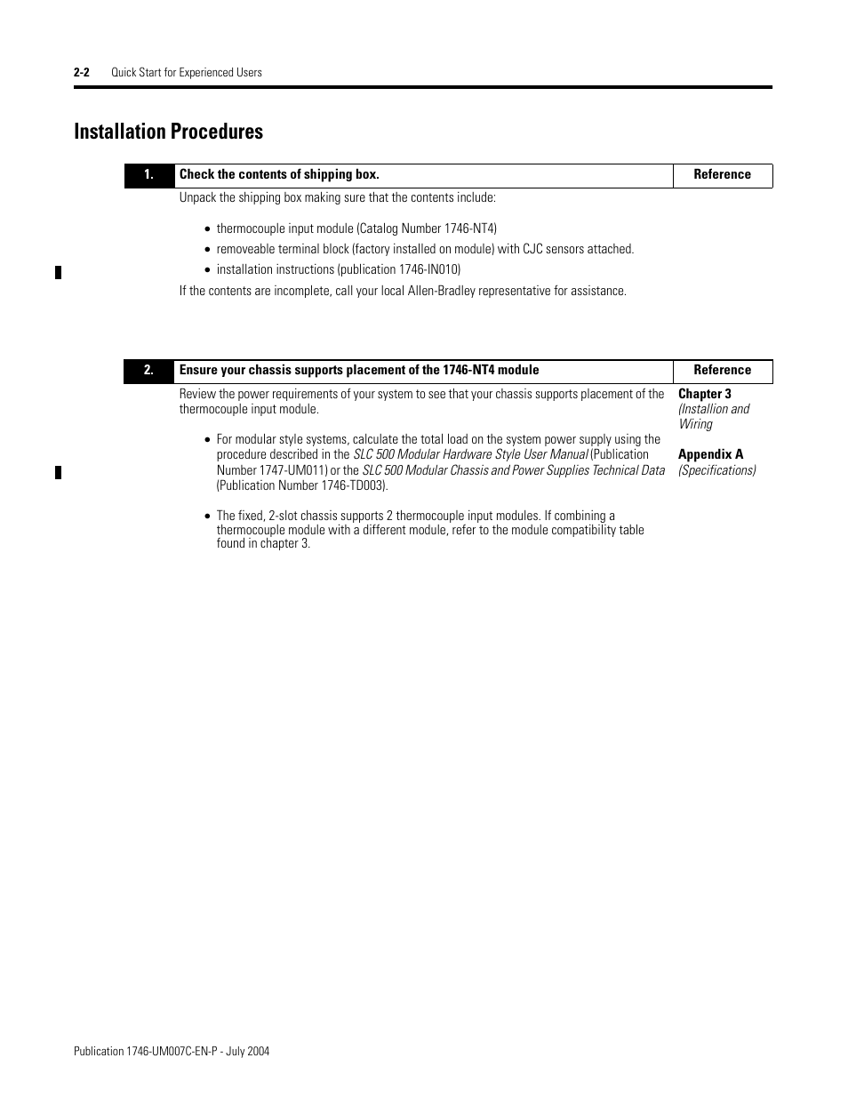 Installation procedures, Installation procedures -2 | Rockwell Automation 1746-NT4 Series B,D17466.6.1 SLC 500 4-Channel Thermocouple/mV Input Module User Manual User Manual | Page 22 / 131