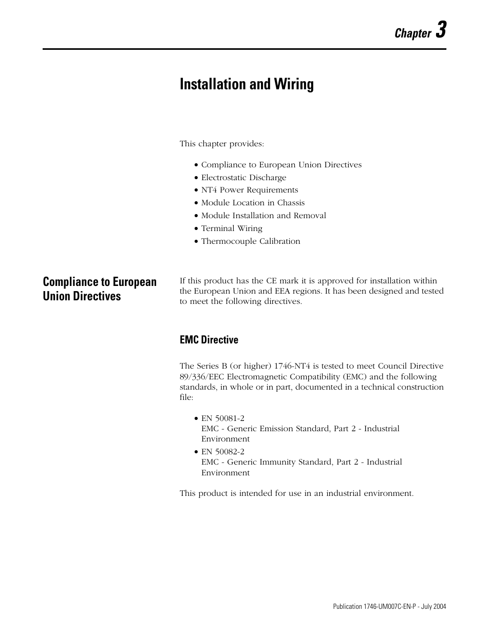 3 - installation and wiring, Installation and wiring, Compliance to european union directives | Chapter 3, Compliance to european union directives -1, Emc directive -1, Chapter | Rockwell Automation 1746-NT4 Series B,D17466.6.1 SLC 500 4-Channel Thermocouple/mV Input Module User Manual User Manual | Page 29 / 131