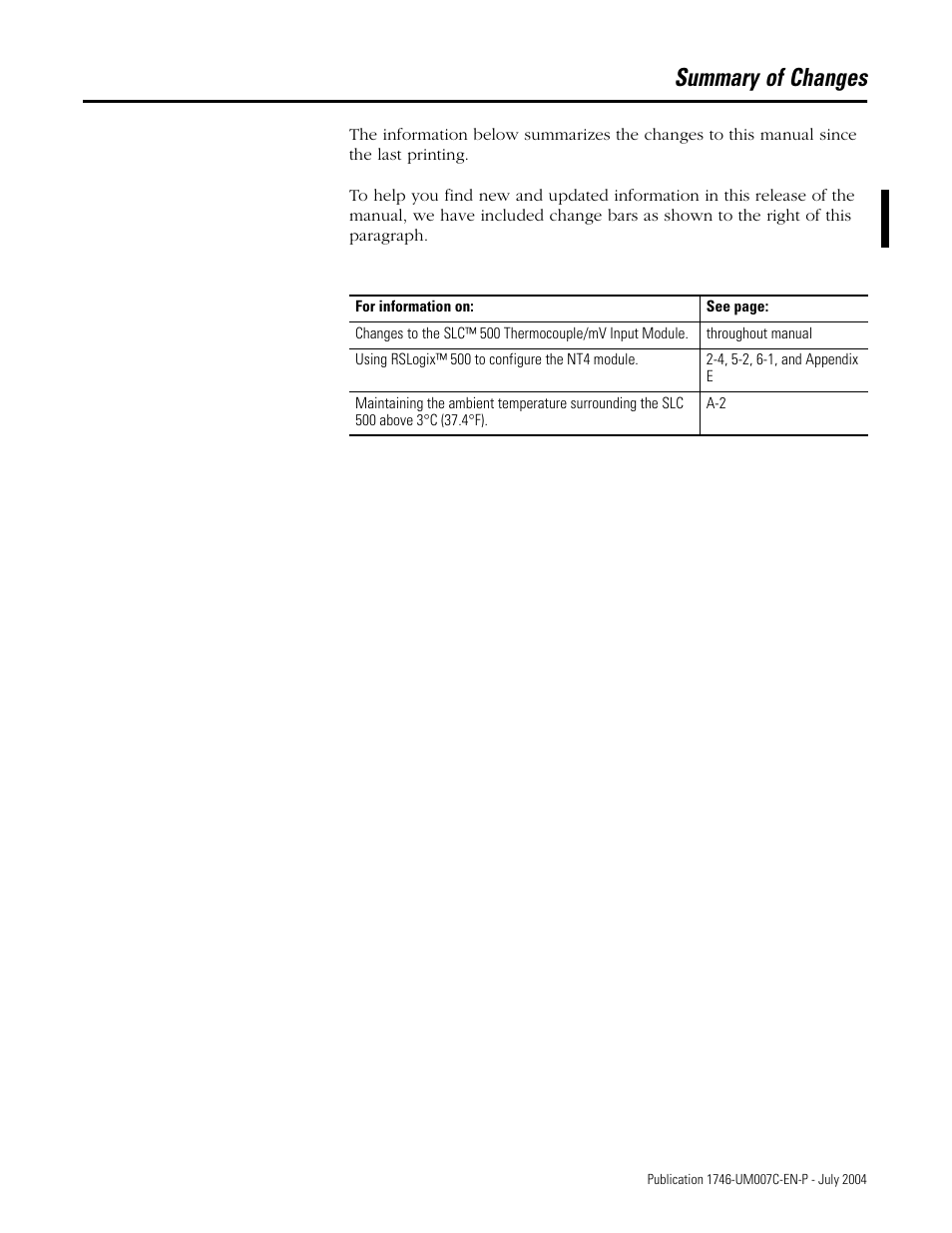 Summary of changes | Rockwell Automation 1746-NT4 Series B,D17466.6.1 SLC 500 4-Channel Thermocouple/mV Input Module User Manual User Manual | Page 3 / 131