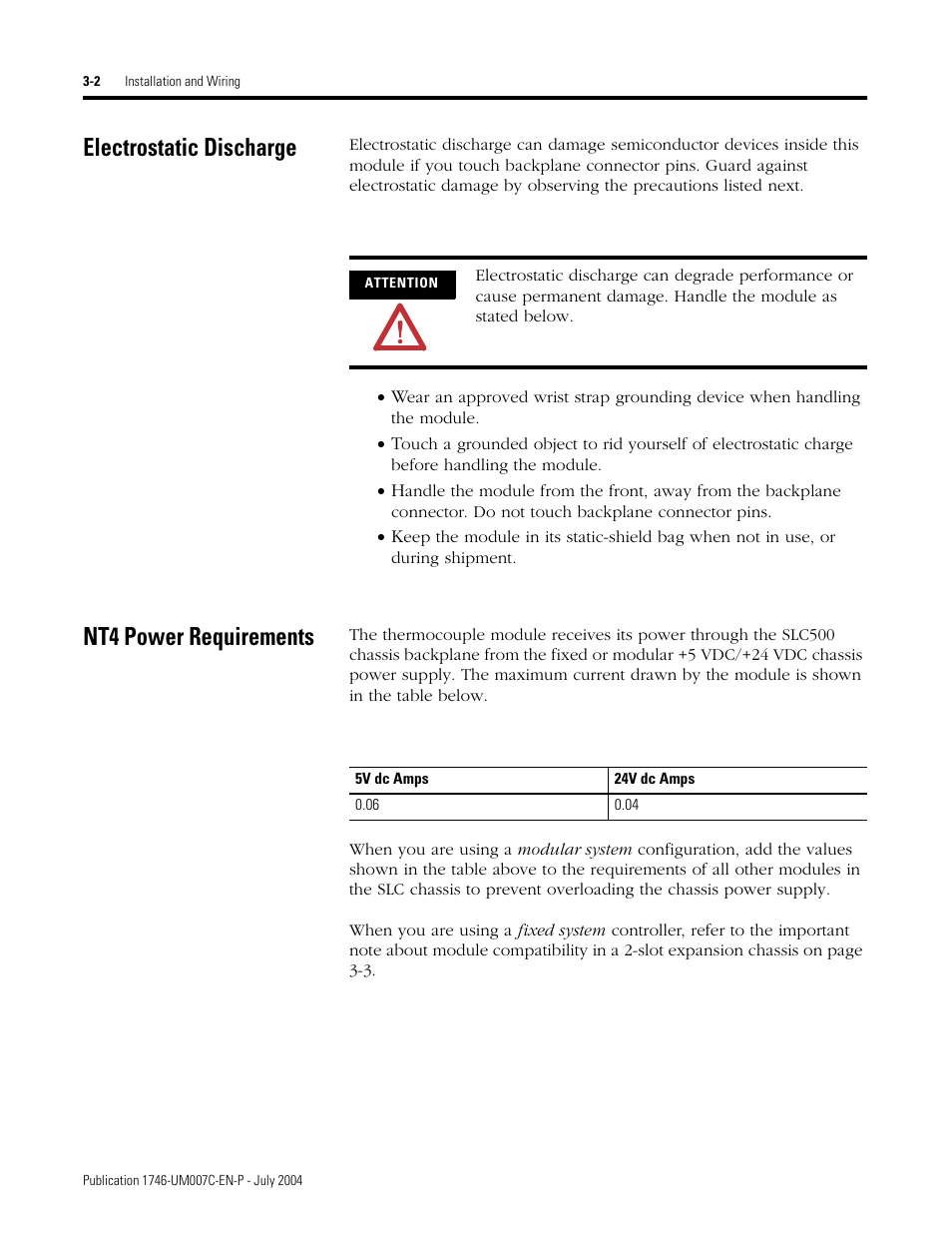 Electrostatic discharge, Nt4 power requirements | Rockwell Automation 1746-NT4 Series B,D17466.6.1 SLC 500 4-Channel Thermocouple/mV Input Module User Manual User Manual | Page 30 / 131