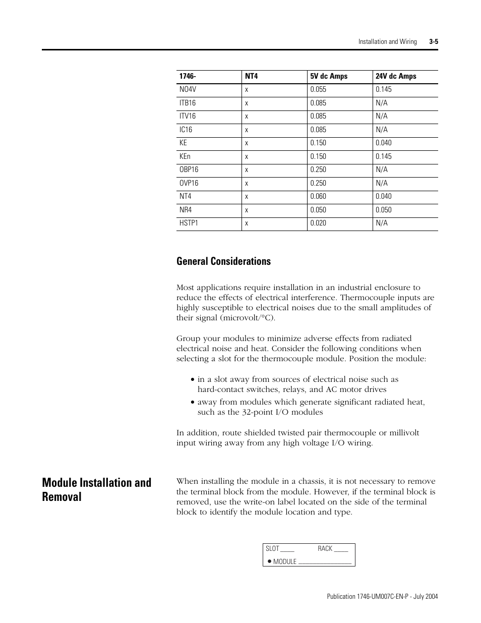 Module installation and removal, General considerations -5, Module installation and removal -5 | General considerations | Rockwell Automation 1746-NT4 Series B,D17466.6.1 SLC 500 4-Channel Thermocouple/mV Input Module User Manual User Manual | Page 33 / 131
