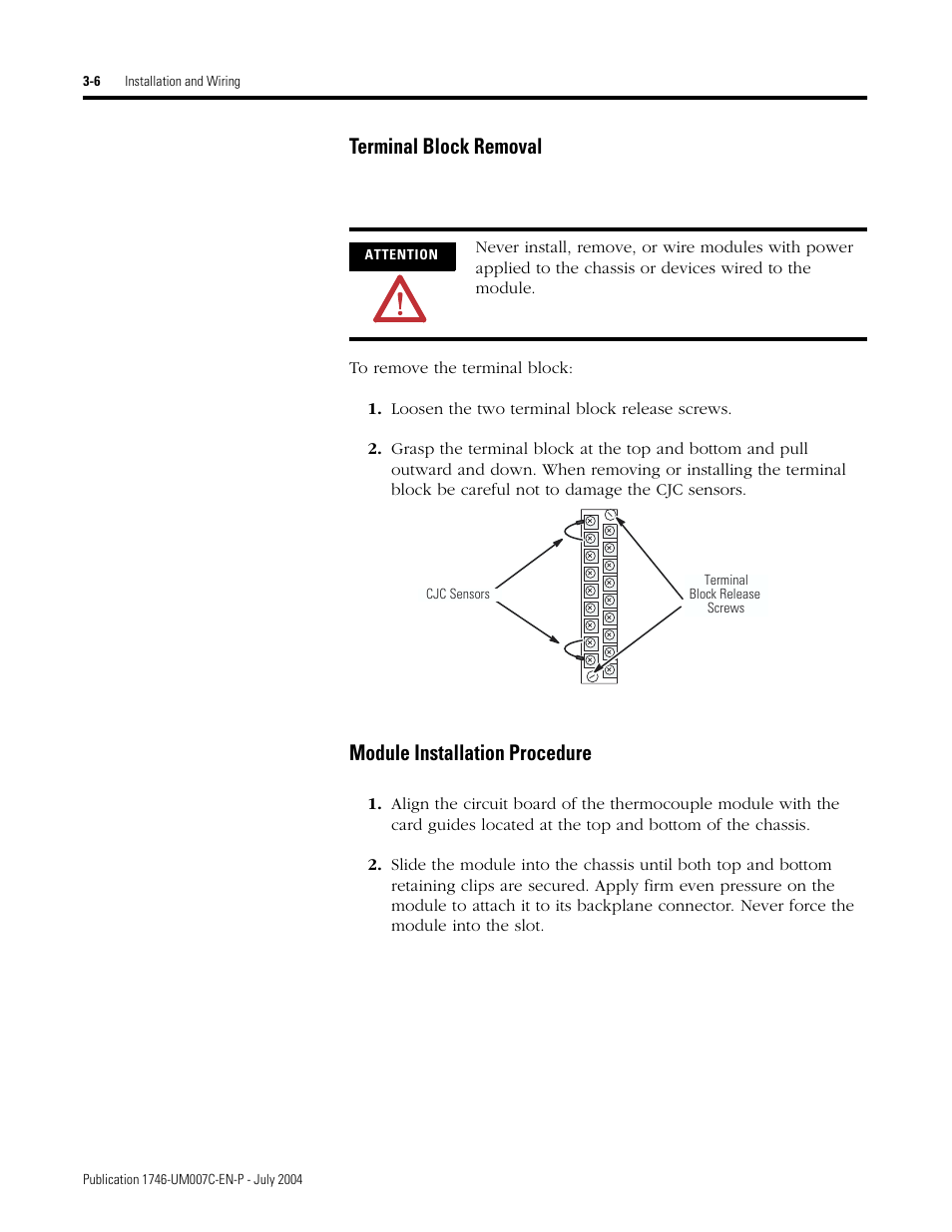 Terminal block removal, Module installation procedure | Rockwell Automation 1746-NT4 Series B,D17466.6.1 SLC 500 4-Channel Thermocouple/mV Input Module User Manual User Manual | Page 34 / 131