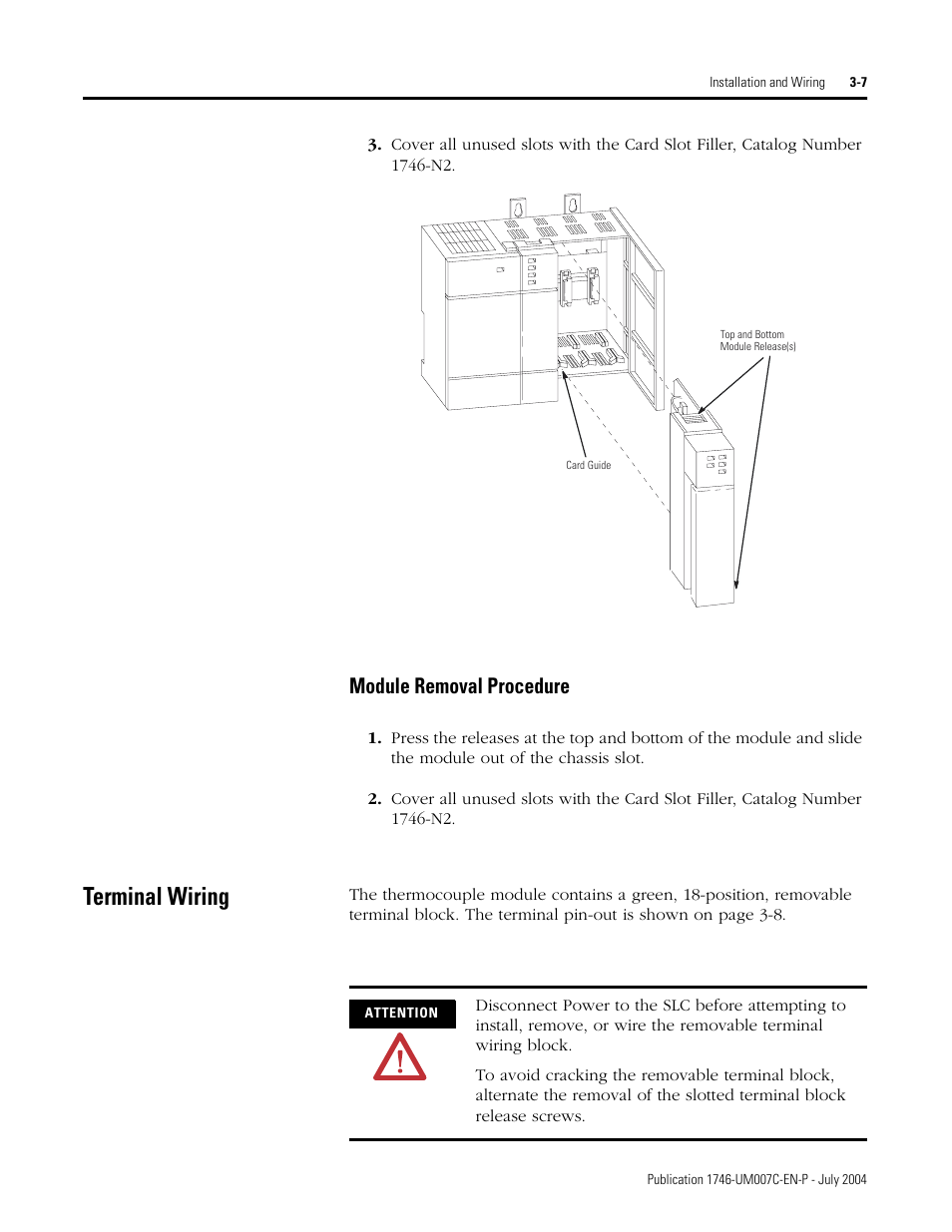 Terminal wiring, Module removal procedure -7, Terminal wiring -7 | Module removal procedure | Rockwell Automation 1746-NT4 Series B,D17466.6.1 SLC 500 4-Channel Thermocouple/mV Input Module User Manual User Manual | Page 35 / 131