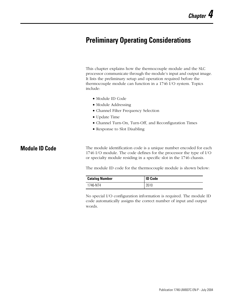 4 - preliminary operating considerations, Preliminary operating considerations, Module id code | Chapter 4, Module id code -1, Chapter | Rockwell Automation 1746-NT4 Series B,D17466.6.1 SLC 500 4-Channel Thermocouple/mV Input Module User Manual User Manual | Page 43 / 131