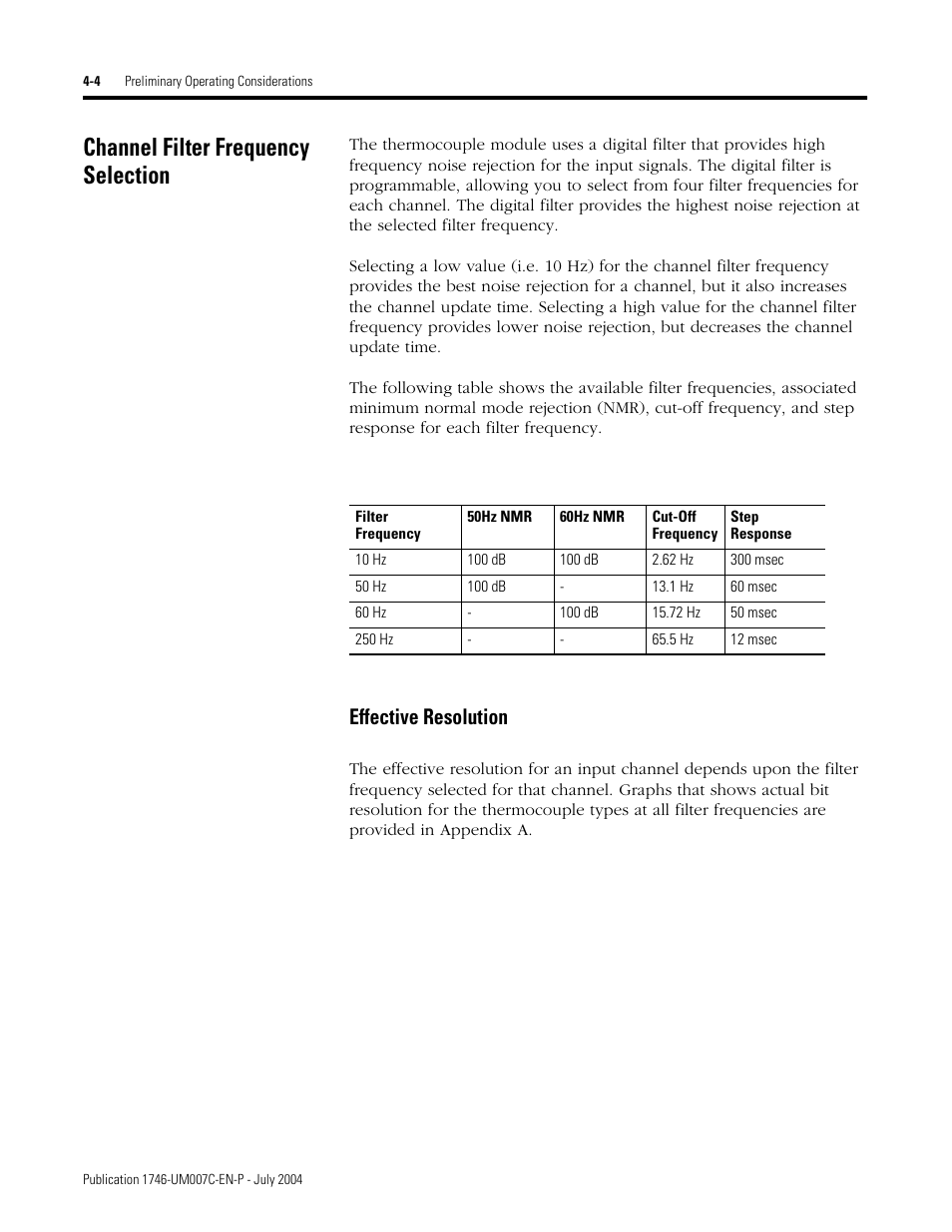 Channel filter frequency selection, Channel filter frequency selection -4, Effective resolution -4 | Effective resolution | Rockwell Automation 1746-NT4 Series B,D17466.6.1 SLC 500 4-Channel Thermocouple/mV Input Module User Manual User Manual | Page 46 / 131