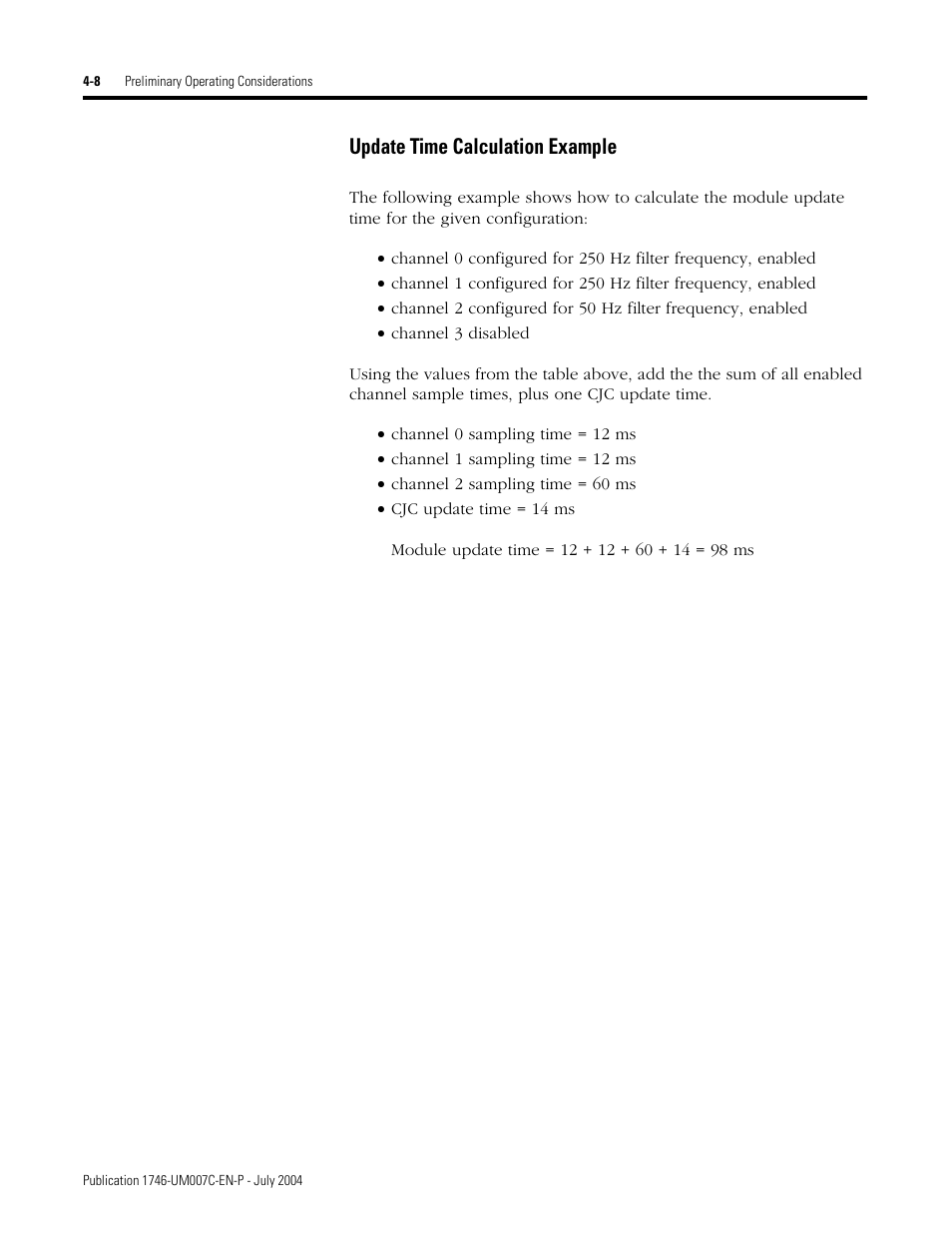 Update time calculation example -8, Update time calculation example | Rockwell Automation 1746-NT4 Series B,D17466.6.1 SLC 500 4-Channel Thermocouple/mV Input Module User Manual User Manual | Page 50 / 131