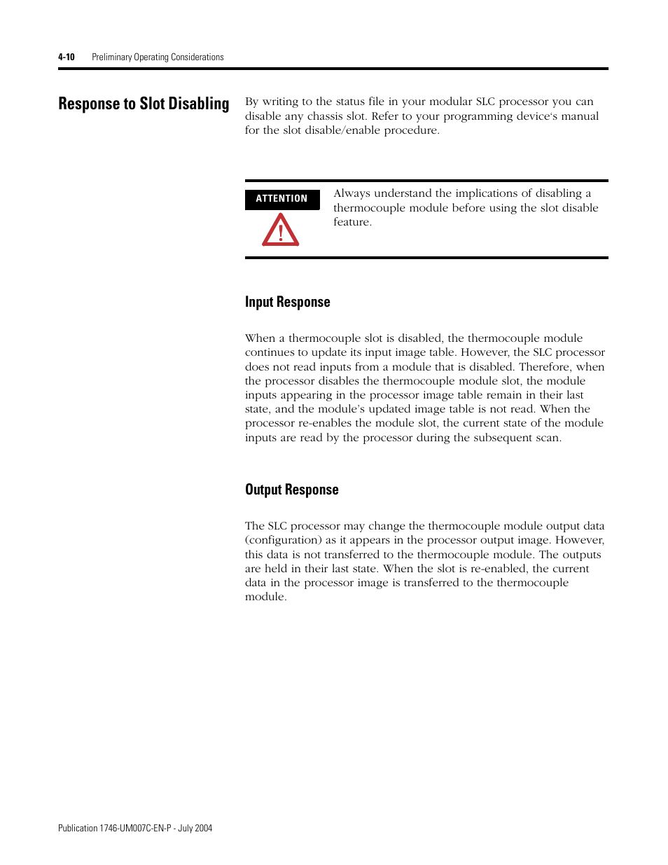 Response to slot disabling, Response to slot disabling -10, Input response -10 output response -10 | Rockwell Automation 1746-NT4 Series B,D17466.6.1 SLC 500 4-Channel Thermocouple/mV Input Module User Manual User Manual | Page 52 / 131