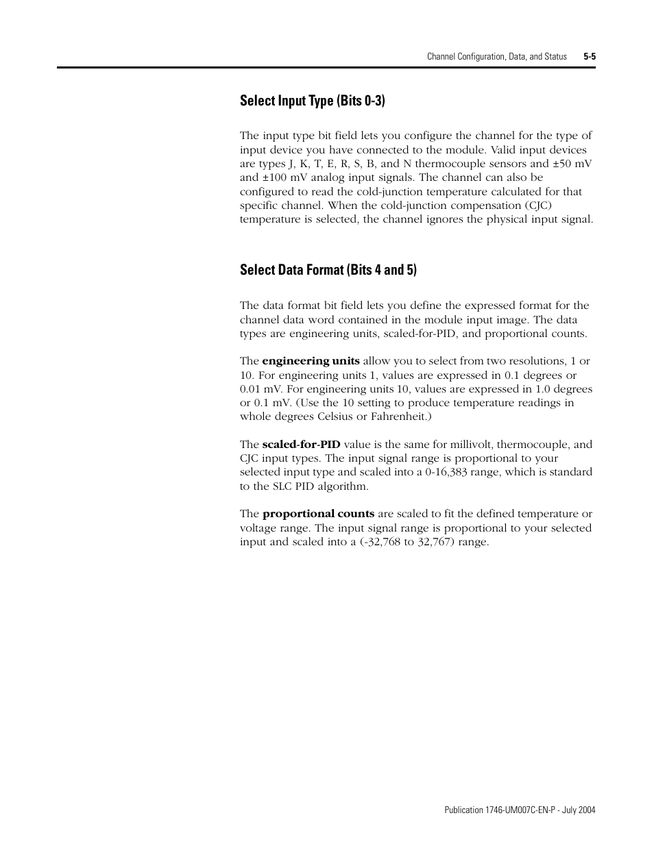Select input type (bits 0-3), Select data format (bits 4 and 5) | Rockwell Automation 1746-NT4 Series B,D17466.6.1 SLC 500 4-Channel Thermocouple/mV Input Module User Manual User Manual | Page 57 / 131