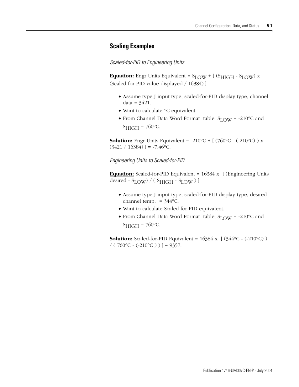 Scaled-for-pid to engineering units, Engineering units to scaled-for-pid, Scaling examples -7 | Scaling examples | Rockwell Automation 1746-NT4 Series B,D17466.6.1 SLC 500 4-Channel Thermocouple/mV Input Module User Manual User Manual | Page 59 / 131
