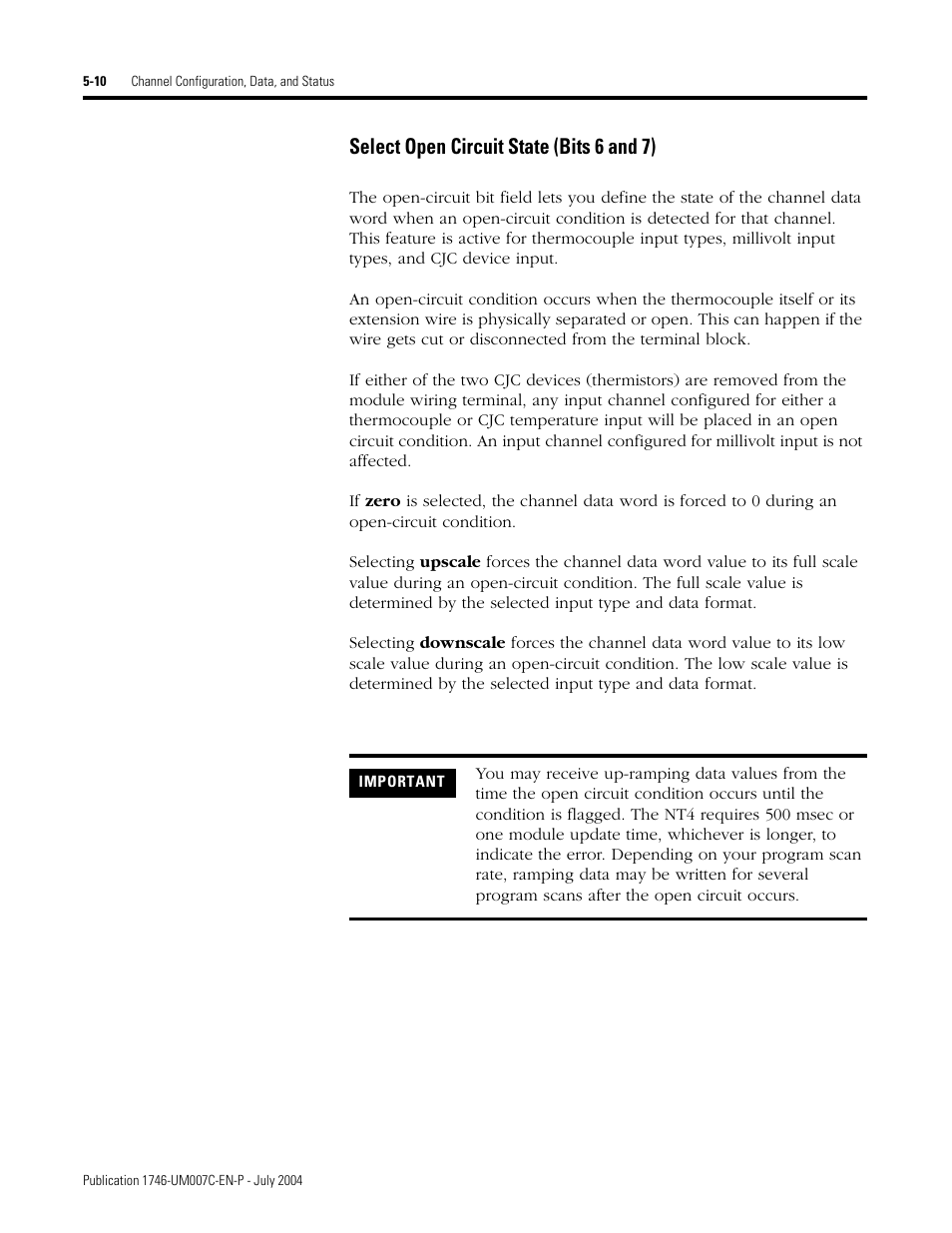 Select open circuit state (bits 6 and 7) -10, Select open circuit state (bits 6 and 7) | Rockwell Automation 1746-NT4 Series B,D17466.6.1 SLC 500 4-Channel Thermocouple/mV Input Module User Manual User Manual | Page 62 / 131