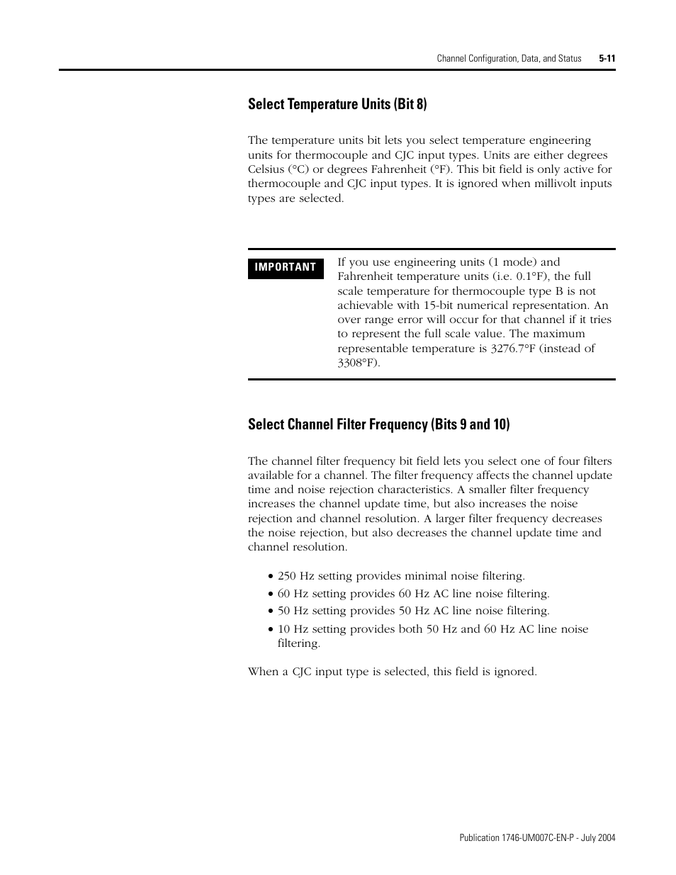 Select temperature units (bit 8), Select channel filter frequency (bits 9 and 10) | Rockwell Automation 1746-NT4 Series B,D17466.6.1 SLC 500 4-Channel Thermocouple/mV Input Module User Manual User Manual | Page 63 / 131