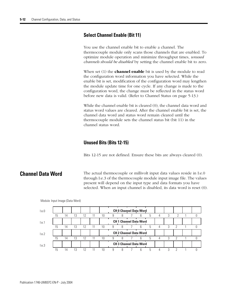 Channel data word, Channel data word -12, Select channel enable (bit 11) | Unused bits (bits 12-15) | Rockwell Automation 1746-NT4 Series B,D17466.6.1 SLC 500 4-Channel Thermocouple/mV Input Module User Manual User Manual | Page 64 / 131