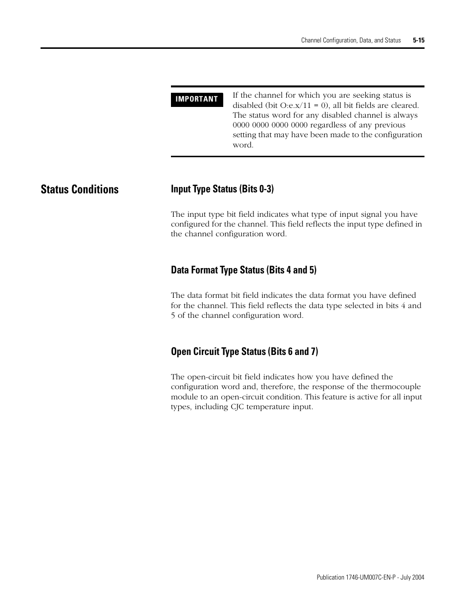 Status conditions, Status conditions -15 | Rockwell Automation 1746-NT4 Series B,D17466.6.1 SLC 500 4-Channel Thermocouple/mV Input Module User Manual User Manual | Page 67 / 131