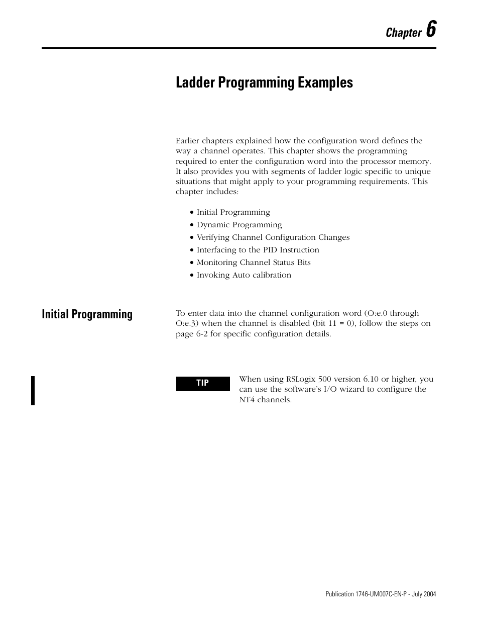 6 - ladder programming examples, Ladder programming examples, Initial programming | Chapter 6, Initial programming -1, Chapter | Rockwell Automation 1746-NT4 Series B,D17466.6.1 SLC 500 4-Channel Thermocouple/mV Input Module User Manual User Manual | Page 71 / 131