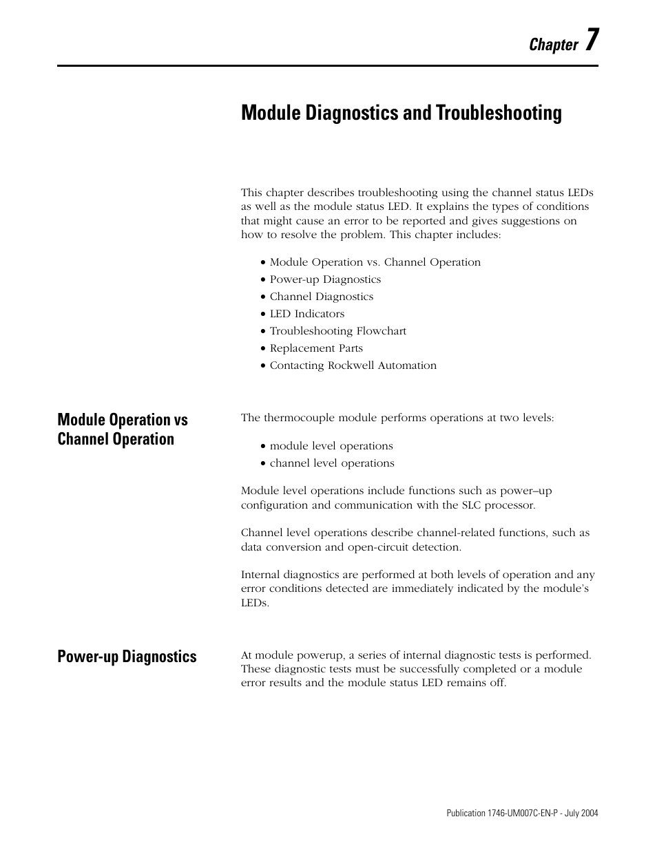 7 - module diagnostics and troubleshooting, Module diagnostics and troubleshooting, Module operation vs channel operation | Power-up diagnostics, Chapter 7, Chapter | Rockwell Automation 1746-NT4 Series B,D17466.6.1 SLC 500 4-Channel Thermocouple/mV Input Module User Manual User Manual | Page 79 / 131
