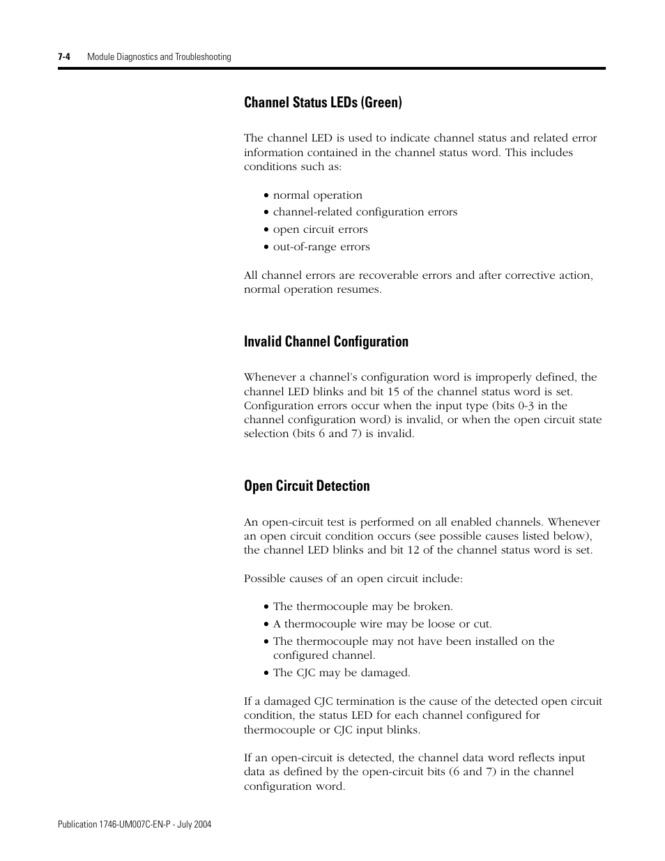 Channel status leds (green), Invalid channel configuration, Open circuit detection | Rockwell Automation 1746-NT4 Series B,D17466.6.1 SLC 500 4-Channel Thermocouple/mV Input Module User Manual User Manual | Page 82 / 131