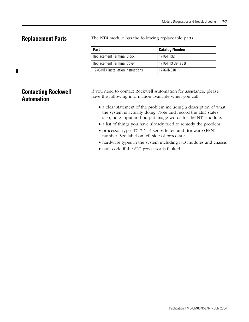 Replacement parts, Contacting rockwell automation | Rockwell Automation 1746-NT4 Series B,D17466.6.1 SLC 500 4-Channel Thermocouple/mV Input Module User Manual User Manual | Page 85 / 131