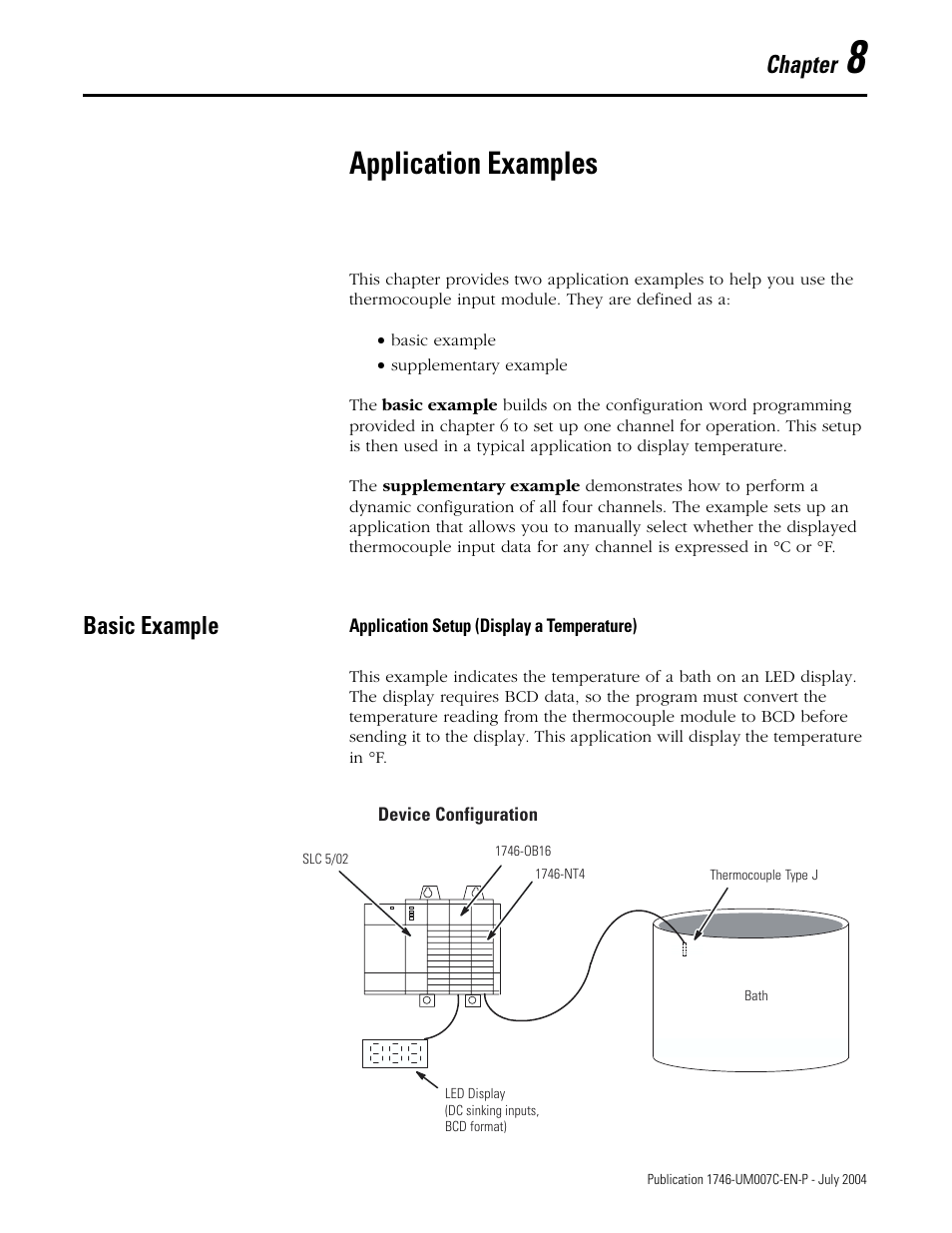 8 - application examples, Application examples, Basic example | Chapter 8, Basic example -1, Application setup (display a temperature) -1, Chapter | Rockwell Automation 1746-NT4 Series B,D17466.6.1 SLC 500 4-Channel Thermocouple/mV Input Module User Manual User Manual | Page 87 / 131