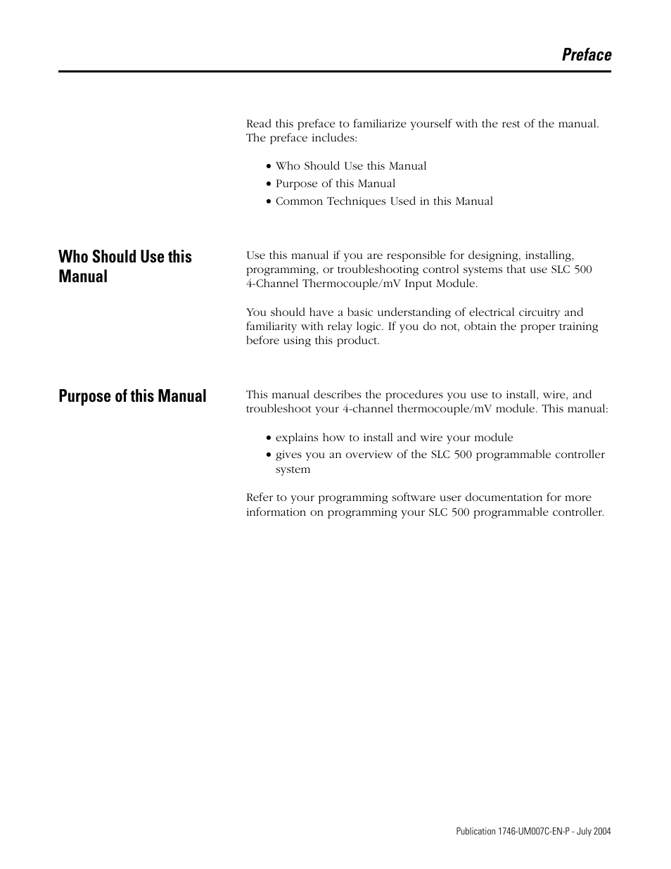 Preface, Who should use this manual, Purpose of this manual | Rockwell Automation 1746-NT4 Series B,D17466.6.1 SLC 500 4-Channel Thermocouple/mV Input Module User Manual User Manual | Page 9 / 131