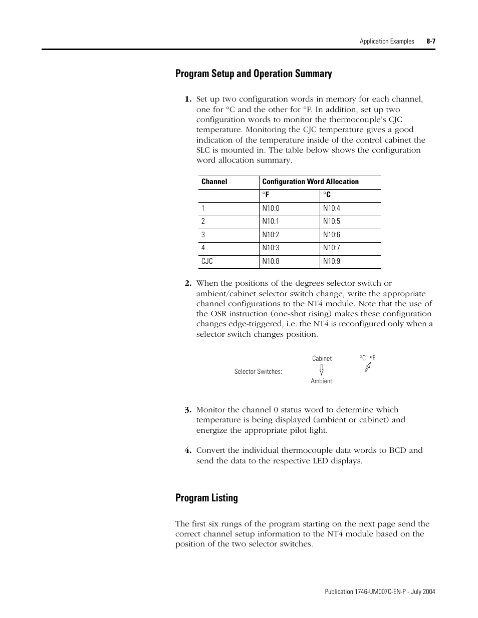 Program setup and operation summary, Program listing | Rockwell Automation 1746-NT4 Series B,D17466.6.1 SLC 500 4-Channel Thermocouple/mV Input Module User Manual User Manual | Page 93 / 131