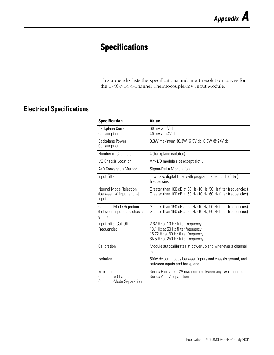 A - specifications, Specifications, Electrical specifications | Appendix a, Appendix | Rockwell Automation 1746-NT4 Series B,D17466.6.1 SLC 500 4-Channel Thermocouple/mV Input Module User Manual User Manual | Page 97 / 131