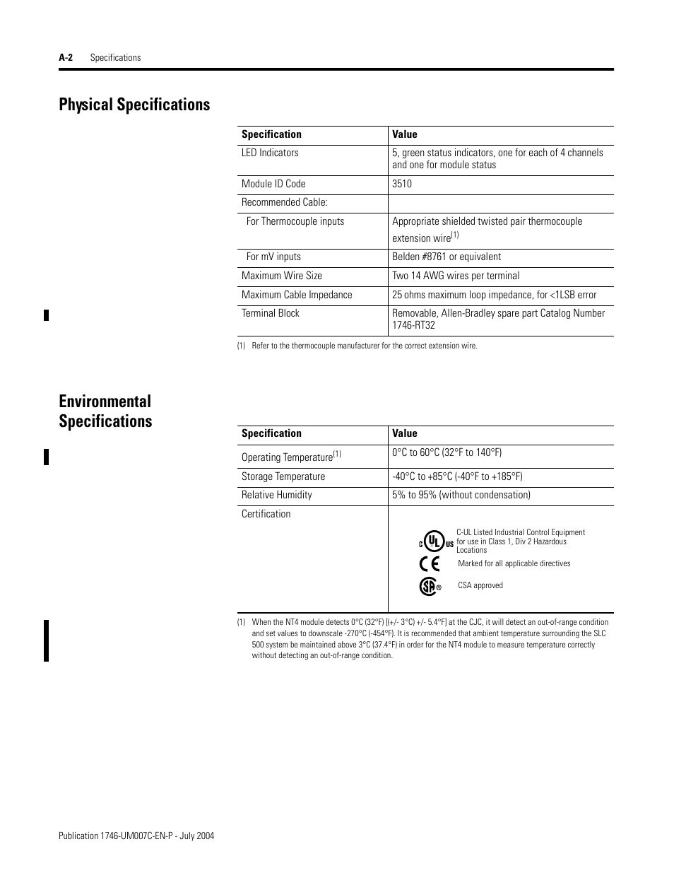 Physical specifications, Environmental specifications | Rockwell Automation 1746-NT4 Series B,D17466.6.1 SLC 500 4-Channel Thermocouple/mV Input Module User Manual User Manual | Page 98 / 131