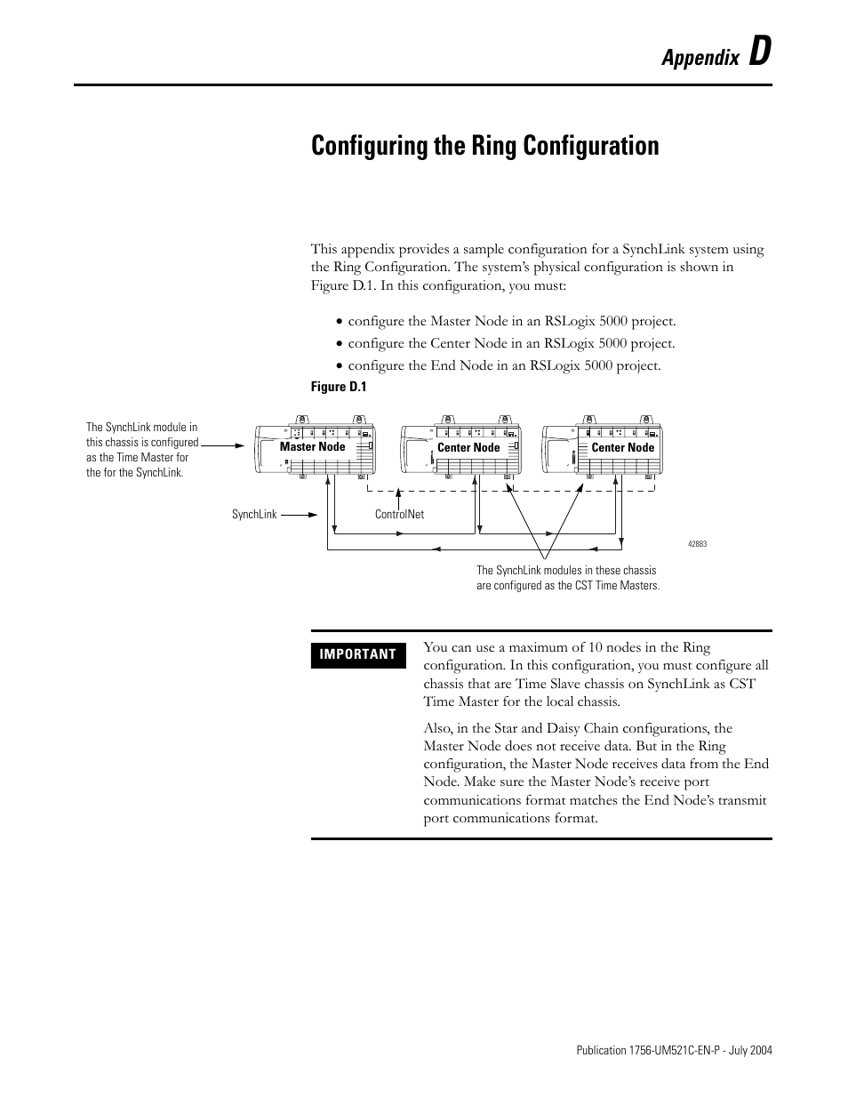 D - configuring the ring configuration, Appendix d, Configuring the ring configuration | N - appendix d, E appendix d for an example, Appendix d - ri, Appendix | Rockwell Automation 1756-SYNCH ControlLogix SynchLink Module User Manual User Manual | Page 111 / 146