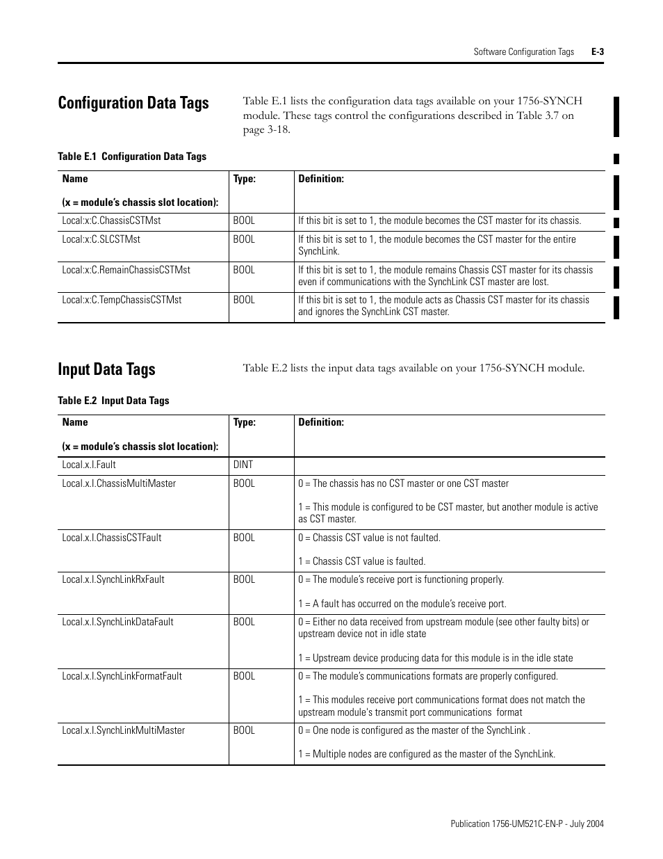 Configuration data tags, Input data tags, Configuration data tags is | Rockwell Automation 1756-SYNCH ControlLogix SynchLink Module User Manual User Manual | Page 129 / 146