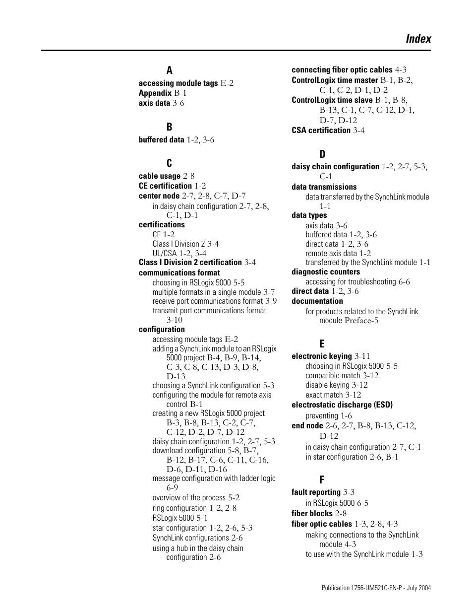 Index | Rockwell Automation 1756-SYNCH ControlLogix SynchLink Module User Manual User Manual | Page 139 / 146