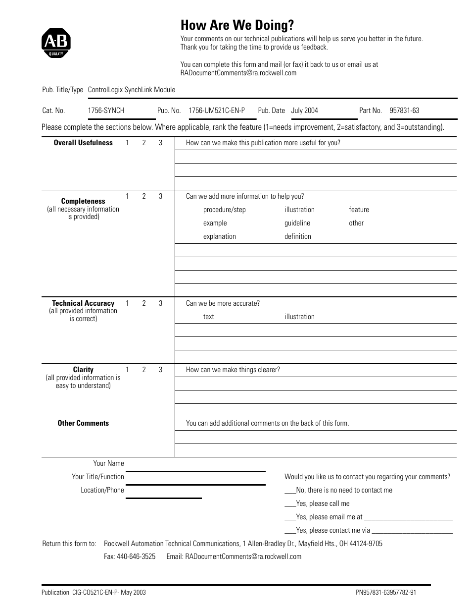 How are we doing | Rockwell Automation 1756-SYNCH ControlLogix SynchLink Module User Manual User Manual | Page 143 / 146