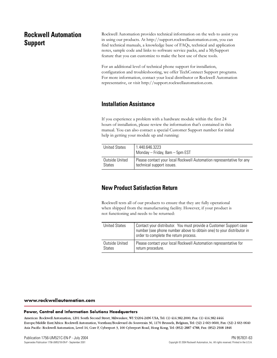 Rockwell automation support, Back cover, Rockwell automation support -2 | Installation assistance, New product satisfaction return | Rockwell Automation 1756-SYNCH ControlLogix SynchLink Module User Manual User Manual | Page 146 / 146