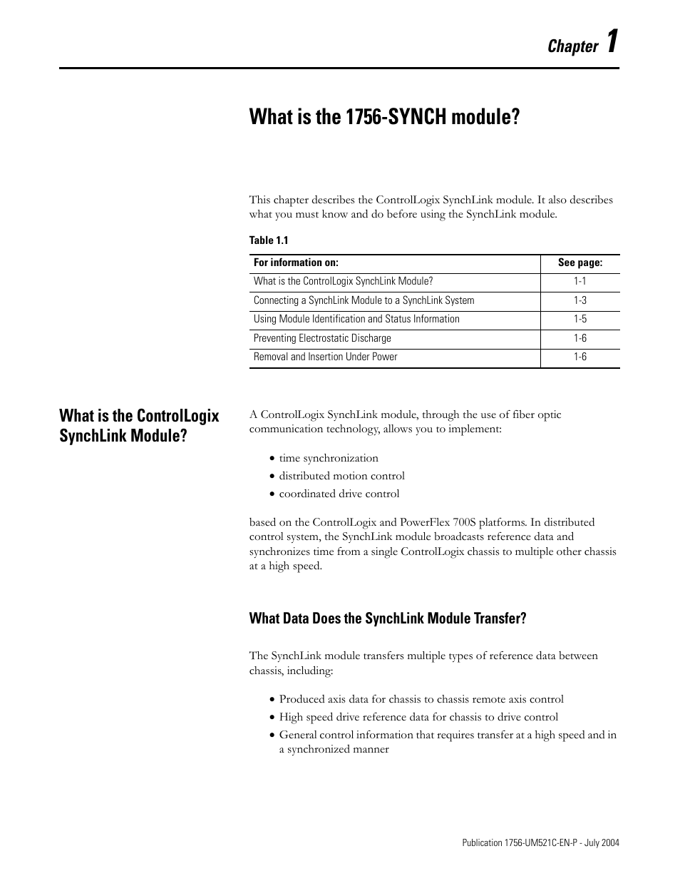 1 - what is the 1756-synch module, What is the controllogix synchlink module, Chapter 1 | What is the 1756-synch module, What is the controllogix synchlink module? -1, What data does the synchlink module transfer? -1, Chapter | Rockwell Automation 1756-SYNCH ControlLogix SynchLink Module User Manual User Manual | Page 15 / 146