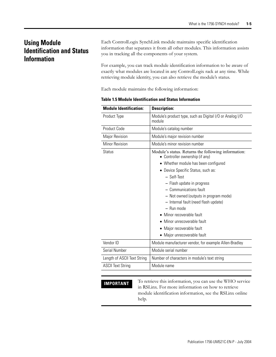 Using module identification and status information | Rockwell Automation 1756-SYNCH ControlLogix SynchLink Module User Manual User Manual | Page 19 / 146