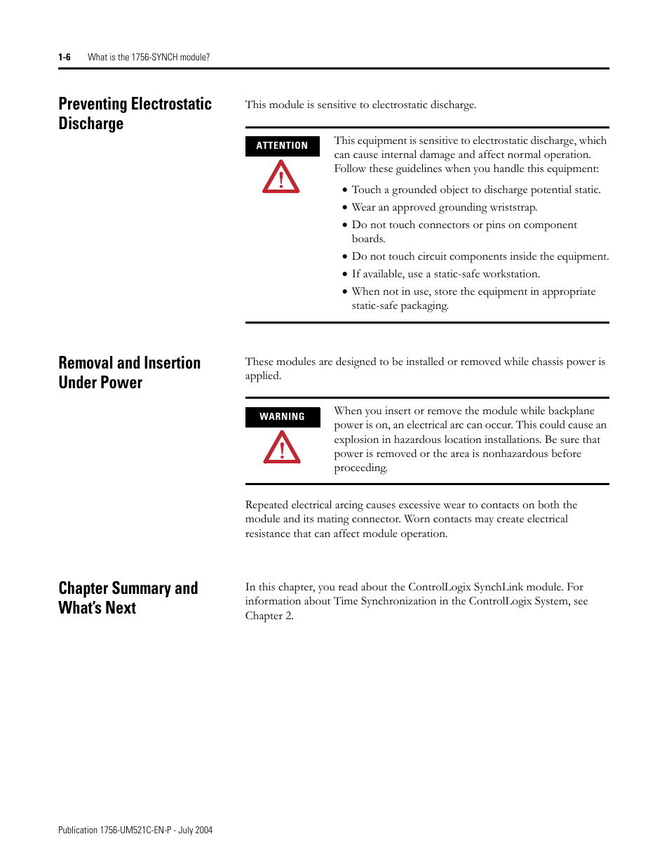 Preventing electrostatic discharge, Removal and insertion under power, Chapter summary and what’s next | Rockwell Automation 1756-SYNCH ControlLogix SynchLink Module User Manual User Manual | Page 20 / 146