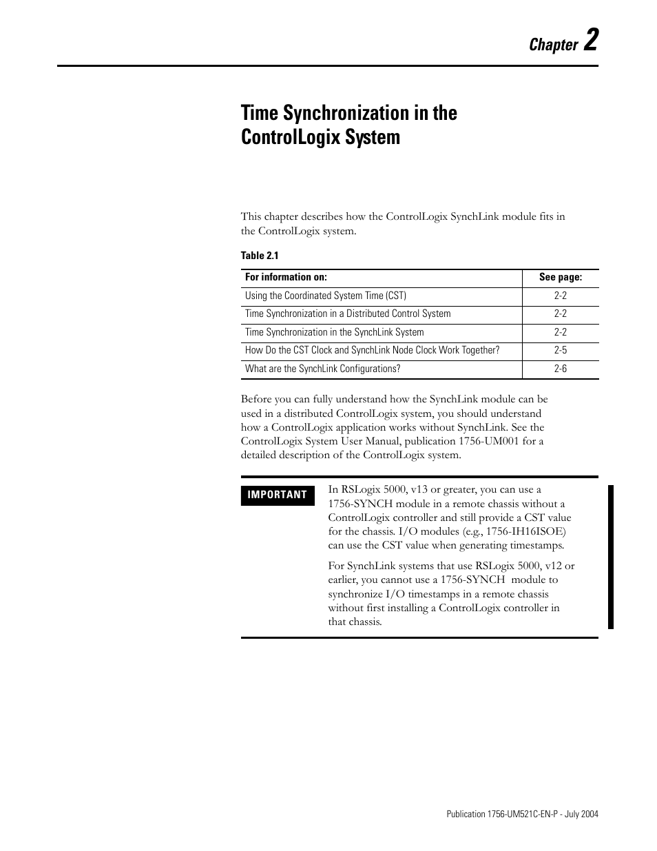 Chapter 2, Time synchronization in the controllogix system, Chapter | Rockwell Automation 1756-SYNCH ControlLogix SynchLink Module User Manual User Manual | Page 21 / 146