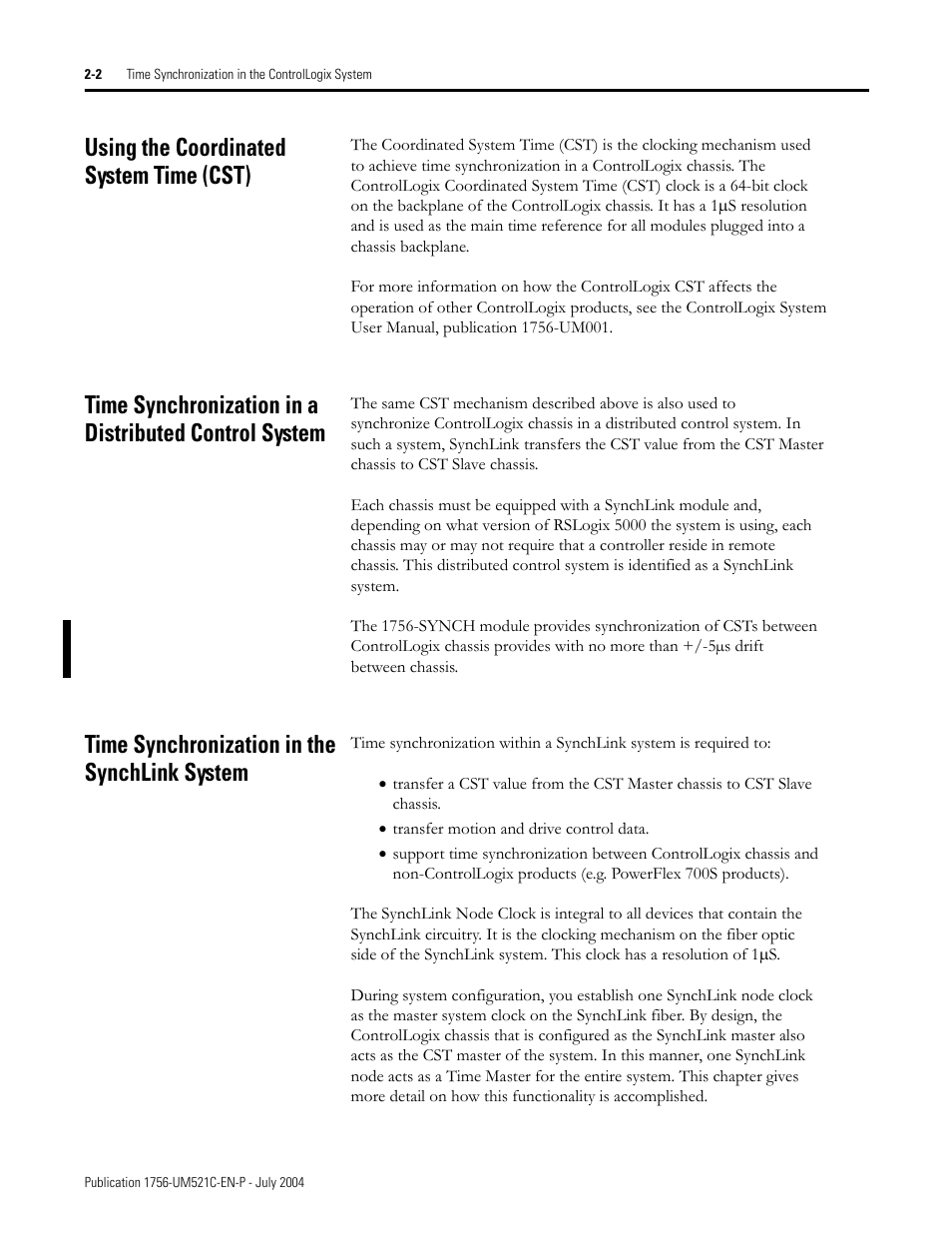 Using the coordinated system time (cst), Time synchronization in the synchlink system | Rockwell Automation 1756-SYNCH ControlLogix SynchLink Module User Manual User Manual | Page 22 / 146