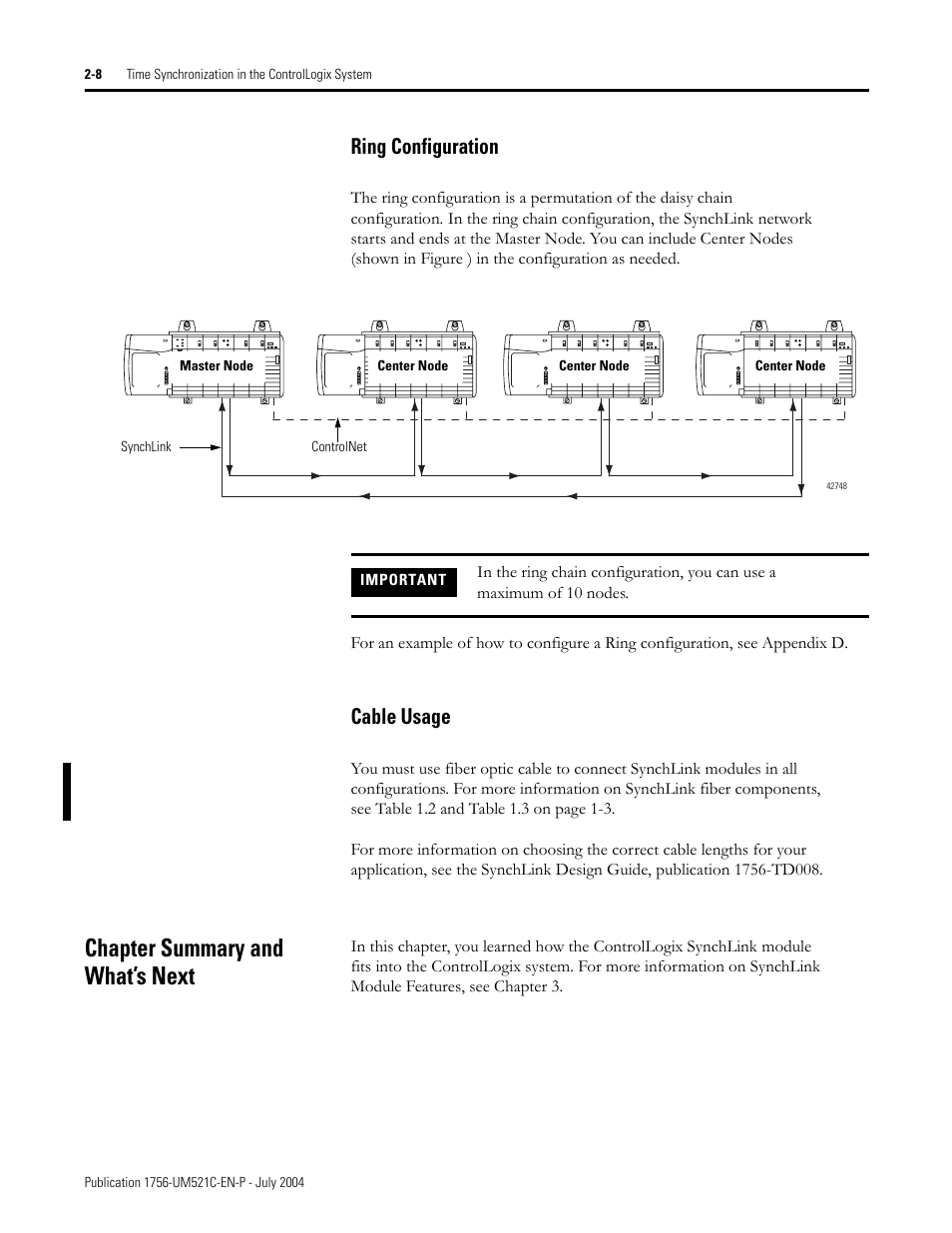 Chapter summary and what’s next, Ring configuration -8 cable usage -8, Chapter summary and what’s next -8 | Ring configuration, Cable usage | Rockwell Automation 1756-SYNCH ControlLogix SynchLink Module User Manual User Manual | Page 28 / 146