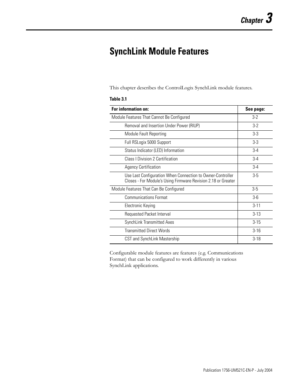 3 - synchlink module features, Chapter 3, Synchlink module features | Chapter | Rockwell Automation 1756-SYNCH ControlLogix SynchLink Module User Manual User Manual | Page 29 / 146