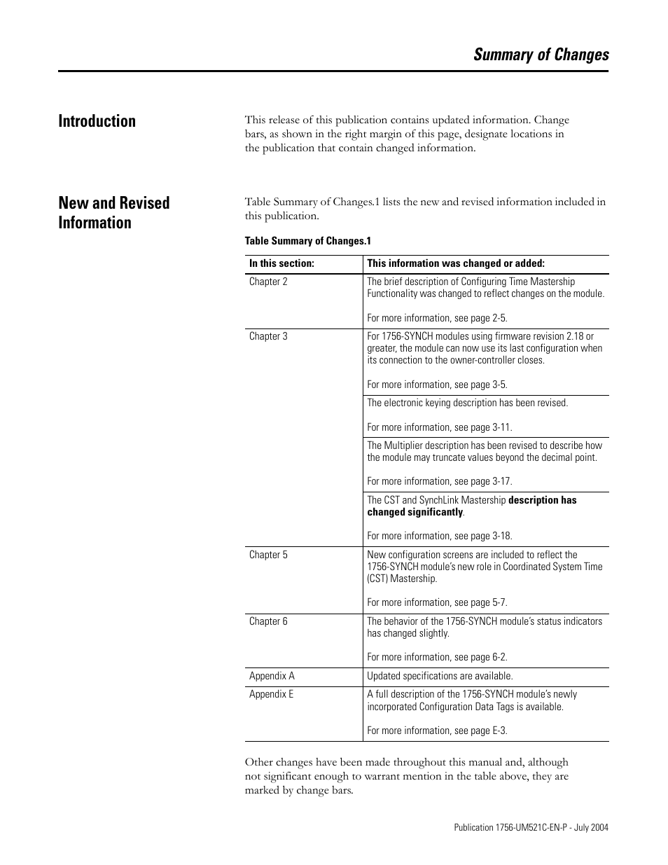 Summary of changes, Introduction, New and revised information | Summary of changes introduction | Rockwell Automation 1756-SYNCH ControlLogix SynchLink Module User Manual User Manual | Page 3 / 146