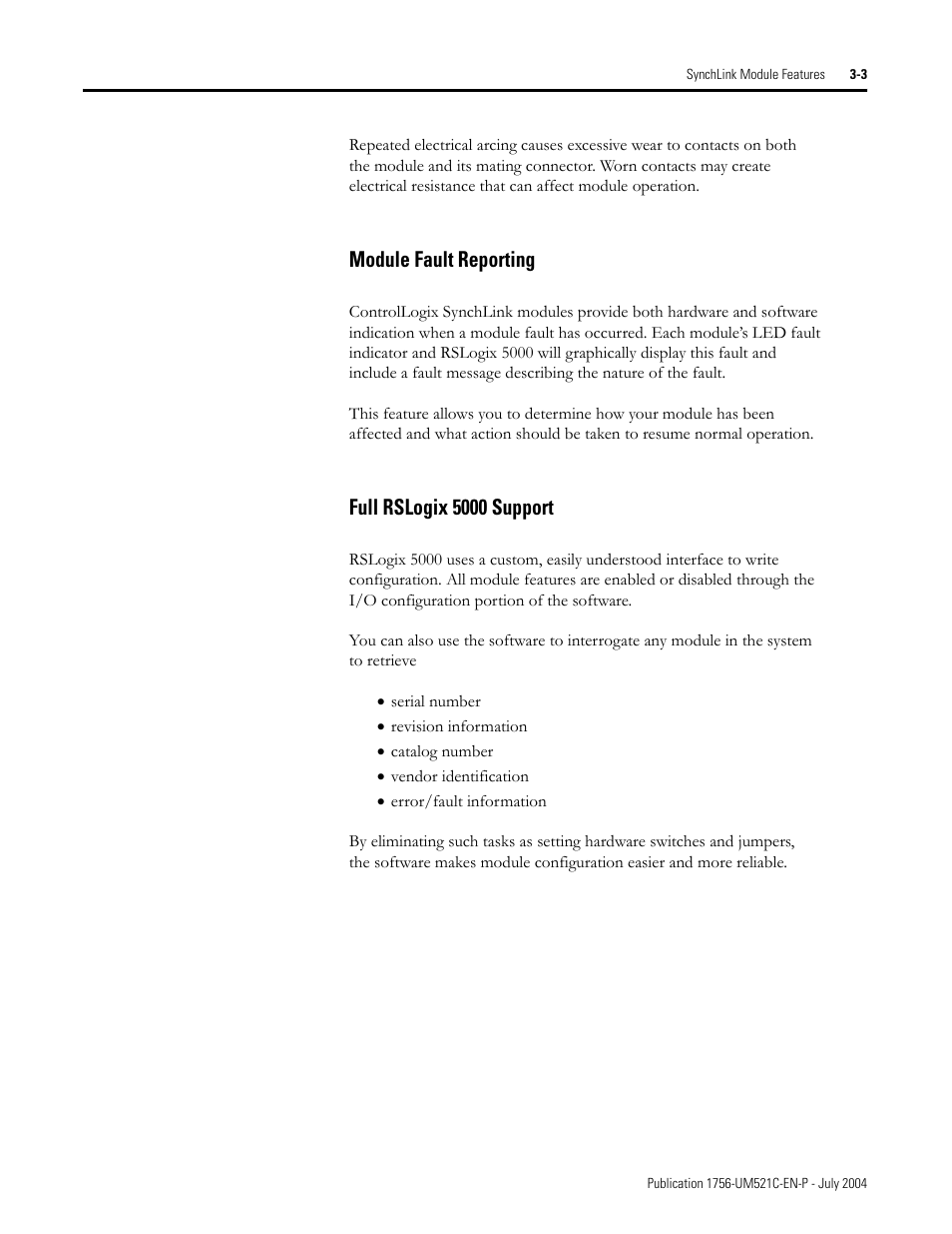 Module fault reporting, Full rslogix 5000 support | Rockwell Automation 1756-SYNCH ControlLogix SynchLink Module User Manual User Manual | Page 31 / 146