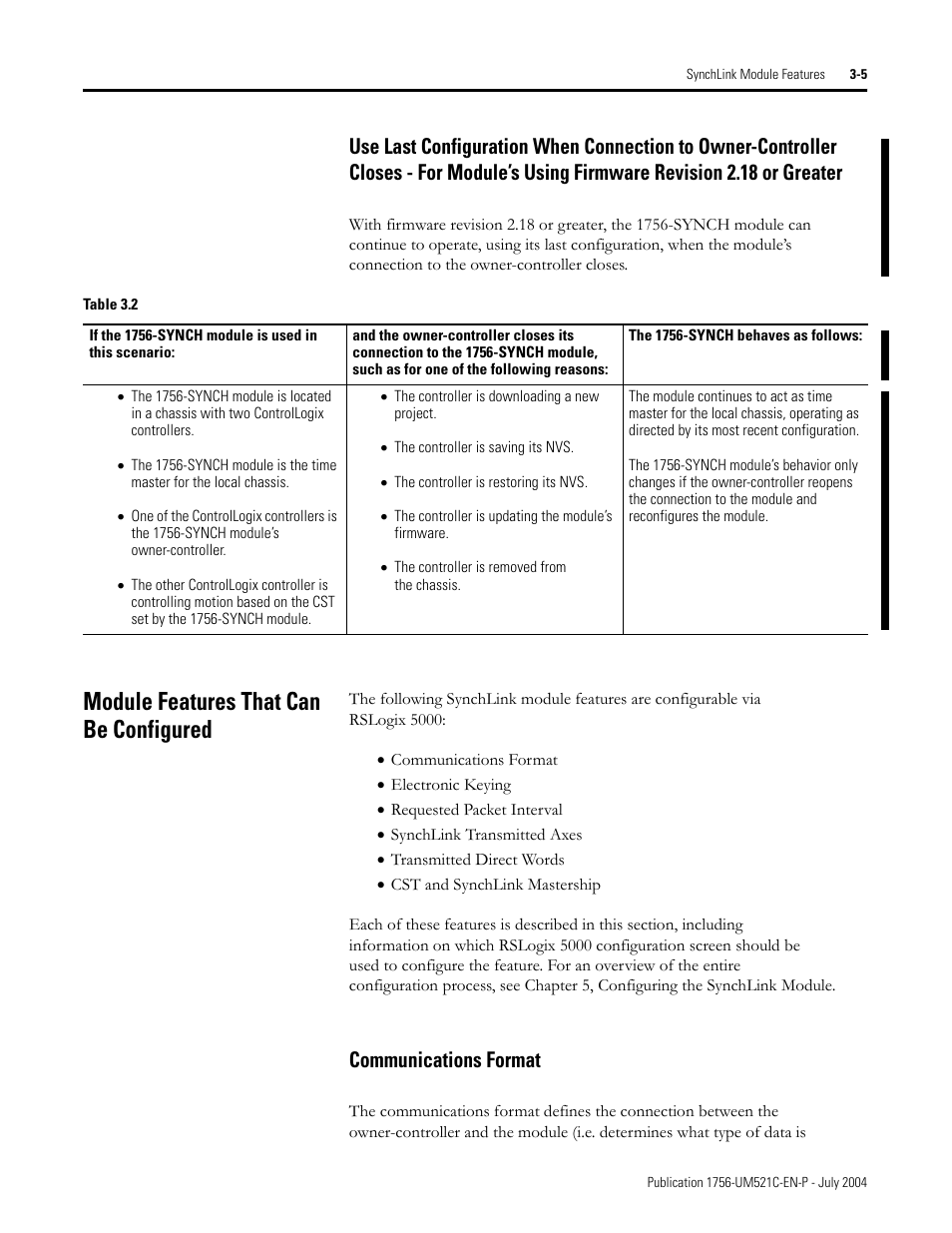 Module features that can be configured, Use last configuration when connection closes -5, Module features that can be configured -5 | Communications format -6, Communications format | Rockwell Automation 1756-SYNCH ControlLogix SynchLink Module User Manual User Manual | Page 33 / 146