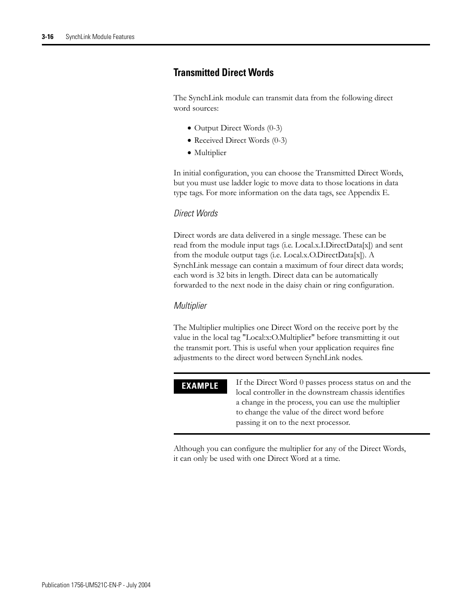 Transmitted direct words -16, Transmitted direct words | Rockwell Automation 1756-SYNCH ControlLogix SynchLink Module User Manual User Manual | Page 44 / 146