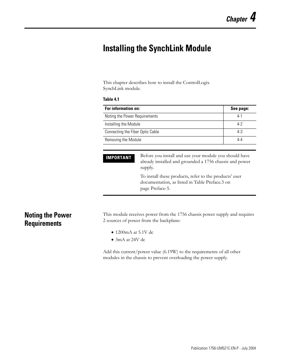 4 - installing the synchlink module, Noting the power requirements, Chapter 4 | Installing the synchlink module, Noting the power requirements -1, Chapter | Rockwell Automation 1756-SYNCH ControlLogix SynchLink Module User Manual User Manual | Page 49 / 146