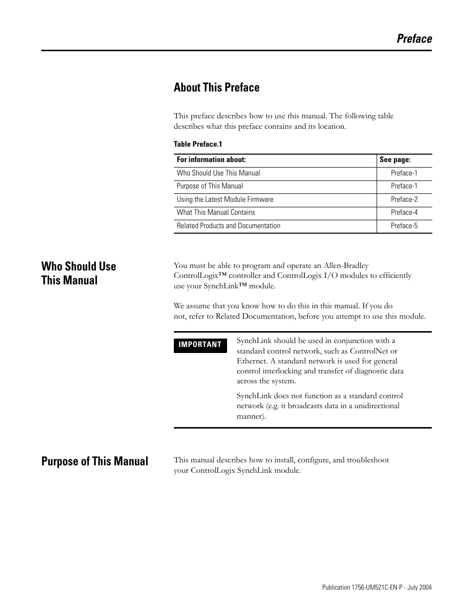 Preface, Who should use this manual, Purpose of this manual | Preface about this preface | Rockwell Automation 1756-SYNCH ControlLogix SynchLink Module User Manual User Manual | Page 5 / 146