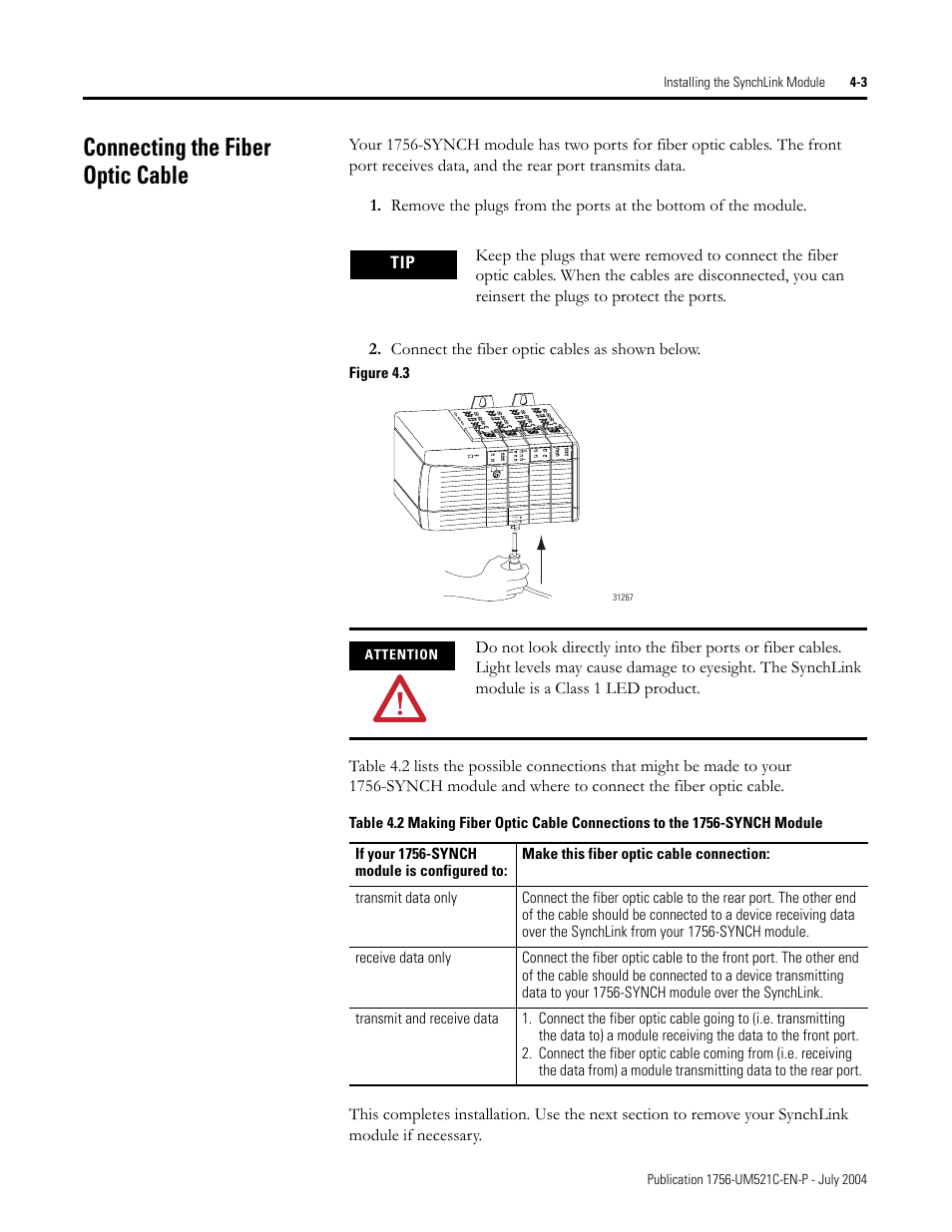 Connecting the fiber optic cable, Connecting the fiber optic cable -3 | Rockwell Automation 1756-SYNCH ControlLogix SynchLink Module User Manual User Manual | Page 51 / 146