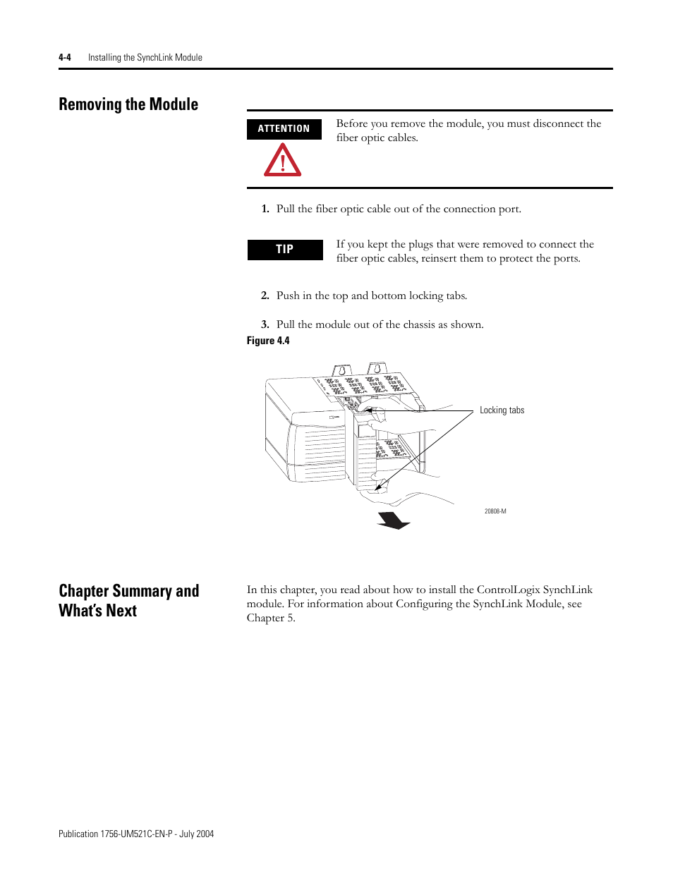 Removing the module, Chapter summary and what’s next | Rockwell Automation 1756-SYNCH ControlLogix SynchLink Module User Manual User Manual | Page 52 / 146
