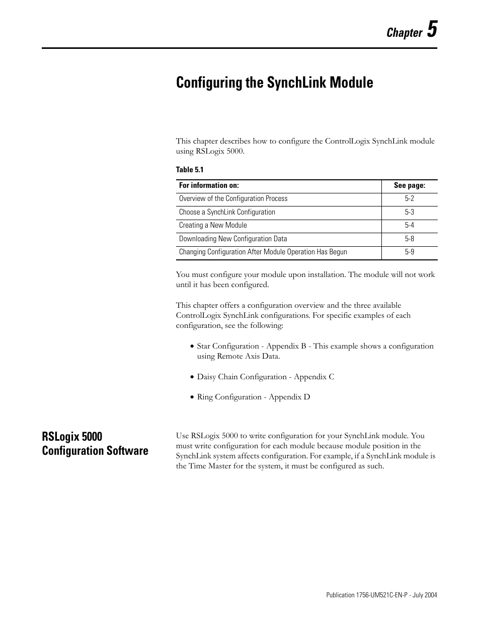 5 - configuring the synchlink module, Rslogix 5000 configuration software, Chapter 5 | Configuring the synchlink module, Rslogix 5000 configuration software -1, See chapter 5, configuring the synchlink module, Chapter | Rockwell Automation 1756-SYNCH ControlLogix SynchLink Module User Manual User Manual | Page 53 / 146