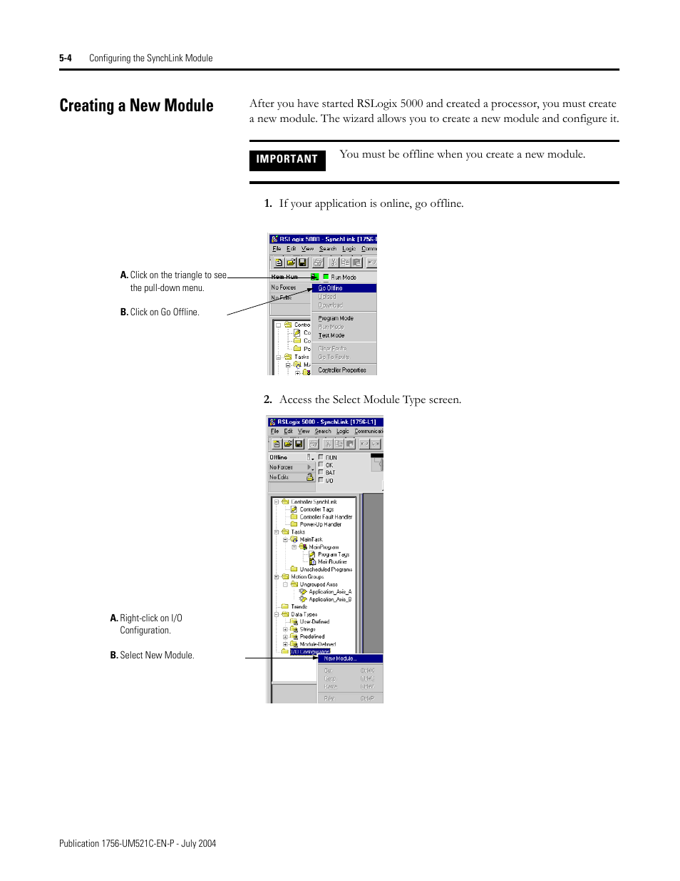 Creating a new module, Creating a new module -4 | Rockwell Automation 1756-SYNCH ControlLogix SynchLink Module User Manual User Manual | Page 56 / 146