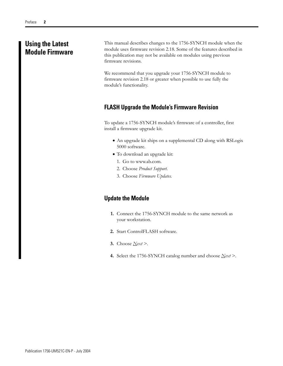 Using the latest module firmware, Preface-2, Flash upgrade the module’s firmware revision | Update the module | Rockwell Automation 1756-SYNCH ControlLogix SynchLink Module User Manual User Manual | Page 6 / 146